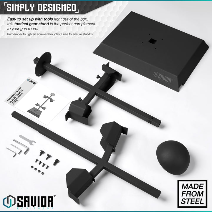 Simply Designed - Easy to set up with tools right out of the box, this tactical gear stand is the perfect complement to your gun room.One stand to rule them all, our H.A.B rack is as simple as it sounds. It displays your helmet, armor/chestrig, belt and is a perfect complement to any gun room. Remeber to tighten screws throughout use to ensure stability.#color_obsidian-black