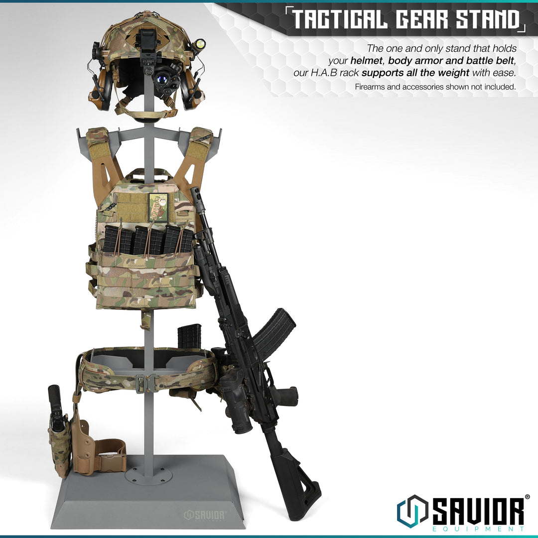 Tactical Gear Stand - The one and only stand that holds your helmet, body armor and battle belt, our H.A.B rack supports all the weight with ease. Firearms & accessories shown not included.#color_sw-gray