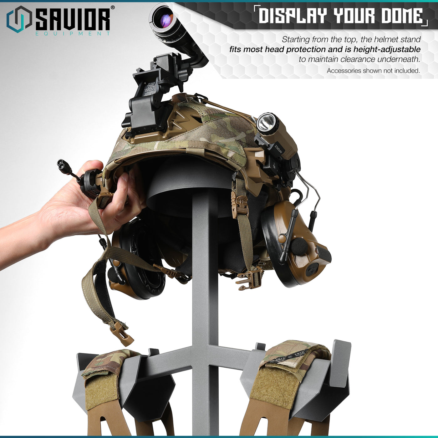 Display Your Dome - Starting from the top, the helmet stand fits most head protection and is height-adjustable to maintain clearance underneath. Accessories shown not included.