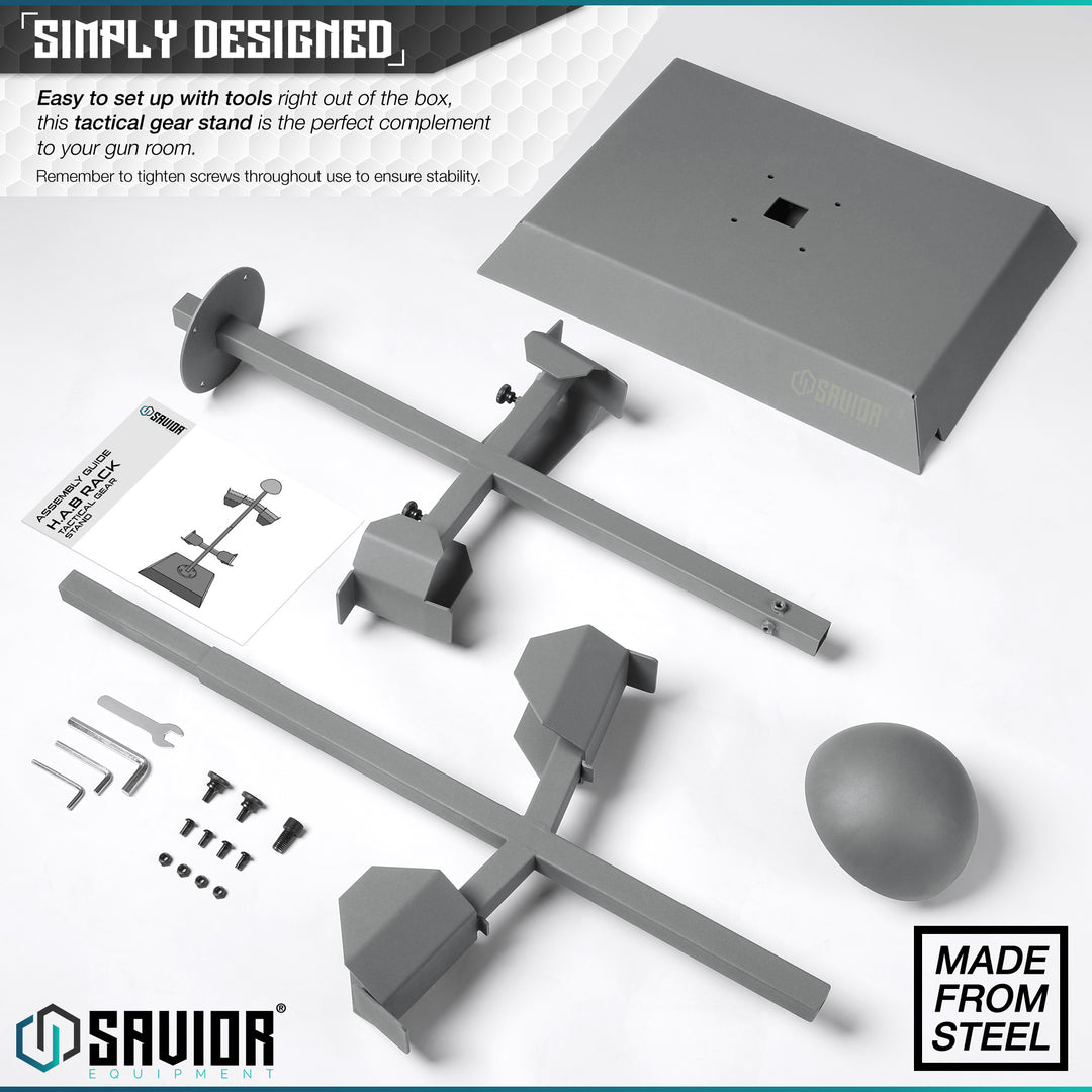 Simply Designed - Easy to set up with tools right out of the box, this tactical gear stand is the perfect complement to your gun room.One stand to rule them all, our H.A.B rack is as simple as it sounds. It displays your helmet, armor/chestrig, belt and is a perfect complement to any gun room. Remeber to tighten screws throughout use to ensure stability.#color_sw-gray