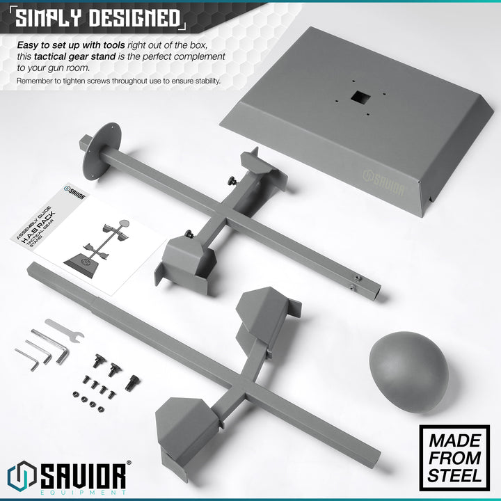 Simply Designed - Easy to set up with tools right out of the box, this tactical gear stand is the perfect complement to your gun room.One stand to rule them all, our H.A.B rack is as simple as it sounds. It displays your helmet, armor/chestrig, belt and is a perfect complement to any gun room. Remeber to tighten screws throughout use to ensure stability.#color_sw-gray