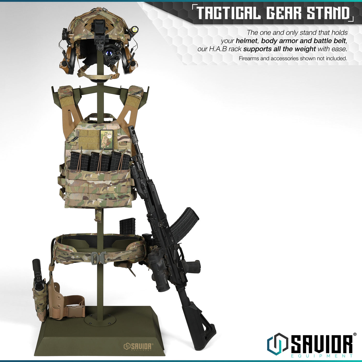 Tactical Gear Stand - The one and only stand that holds your helmet, body armor and battle belt, our H.A.B rack supports all the weight with ease. Firearms & accessories shown not included.