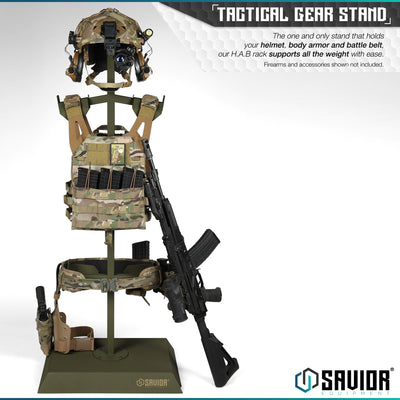 Tactical Gear Stand - The one and only stand that holds your helmet, body armor and battle belt, our H.A.B rack supports all the weight with ease. Firearms & accessories shown not included.