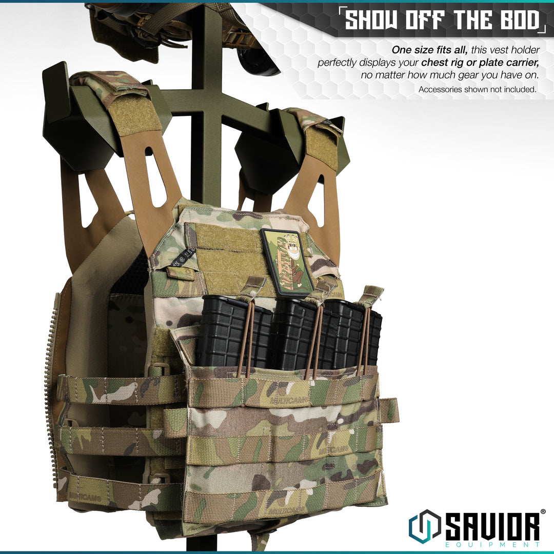 Show Off The Bod - One size fits all, this vest holder perfectly displays your chest rig or plate carrier, no matter how much gear you have on. Accessories shown not included.#color_od-green