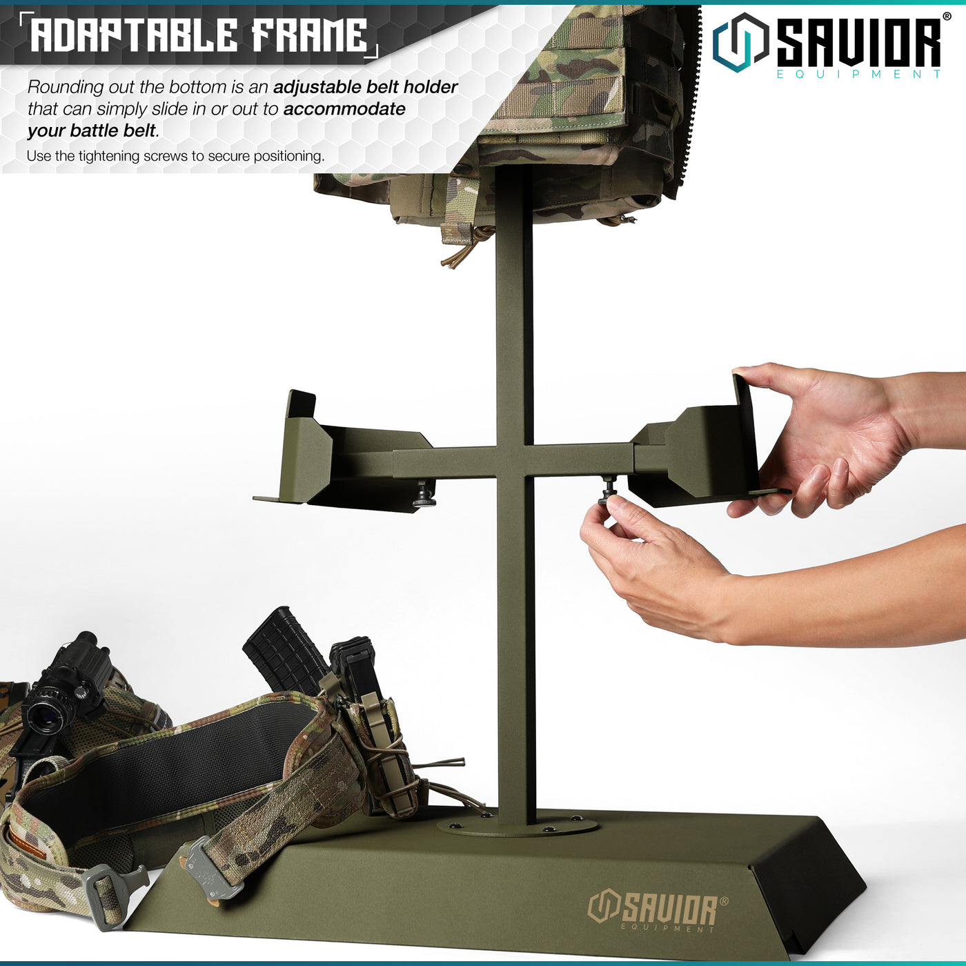 Adaptable Frame - Rounding out the bottom is an adjustable belt holder that can simply slide in or out to accommodate your battle belt. Use the tightening screws to secure positioning.