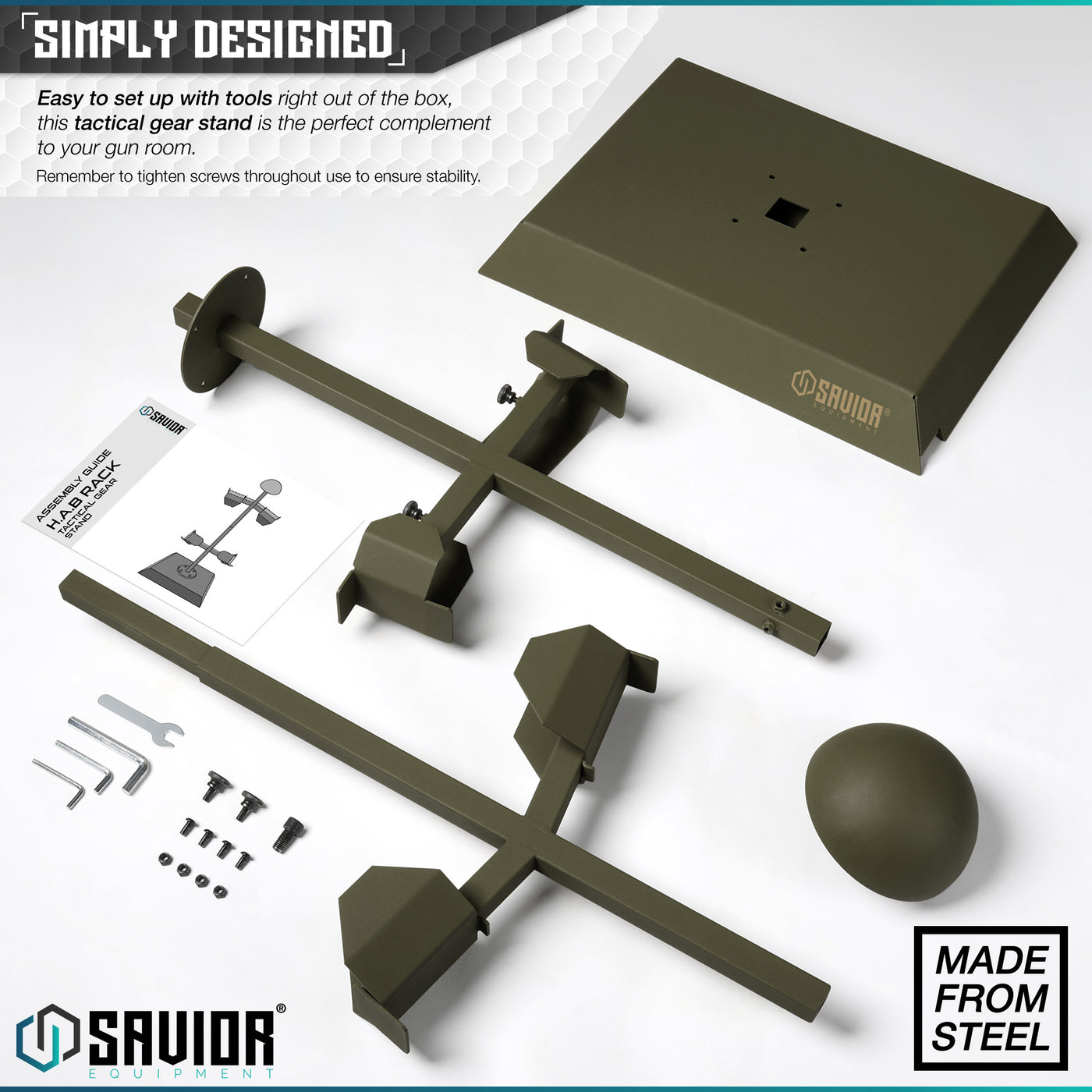 Simply Designed - Easy to set up with tools right out of the box, this tactical gear stand is the perfect complement to your gun room.One stand to rule them all, our H.A.B rack is as simple as it sounds. It displays your helmet, armor/chestrig, belt and is a perfect complement to any gun room. Remeber to tighten screws throughout use to ensure stability.