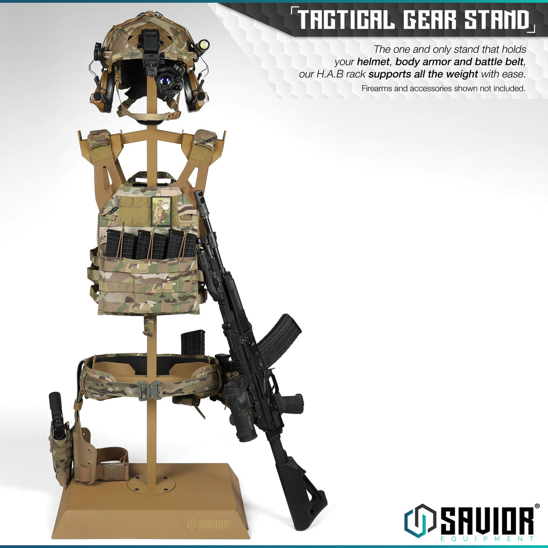 Tactical Gear Stand - The one and only stand that holds your helmet, body armor and battle belt, our H.A.B rack supports all the weight with ease. Firearms & accessories shown not included.#color_ral-8000-tan