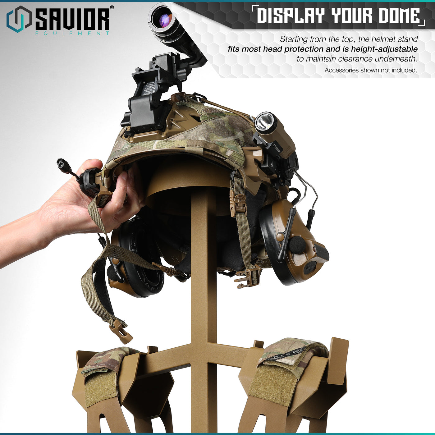 Display Your Dome - Starting from the top, the helmet stand fits most head protection and is height-adjustable to maintain clearance underneath. Accessories shown not included.