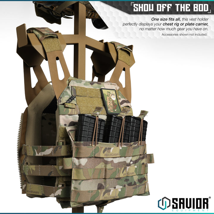 Show Off The Bod - One size fits all, this vest holder perfectly displays your chest rig or plate carrier, no matter how much gear you have on. Accessories shown not included.#color_ral-8000-tan