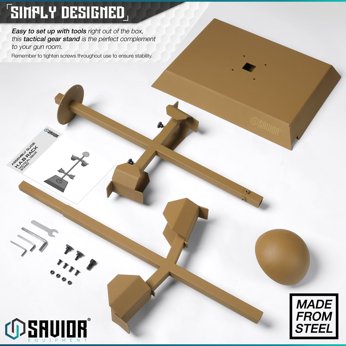 Simply Designed - Easy to set up with tools right out of the box, this tactical gear stand is the perfect complement to your gun room.One stand to rule them all, our H.A.B rack is as simple as it sounds. It displays your helmet, armor/chestrig, belt and is a perfect complement to any gun room. Remeber to tighten screws throughout use to ensure stability.