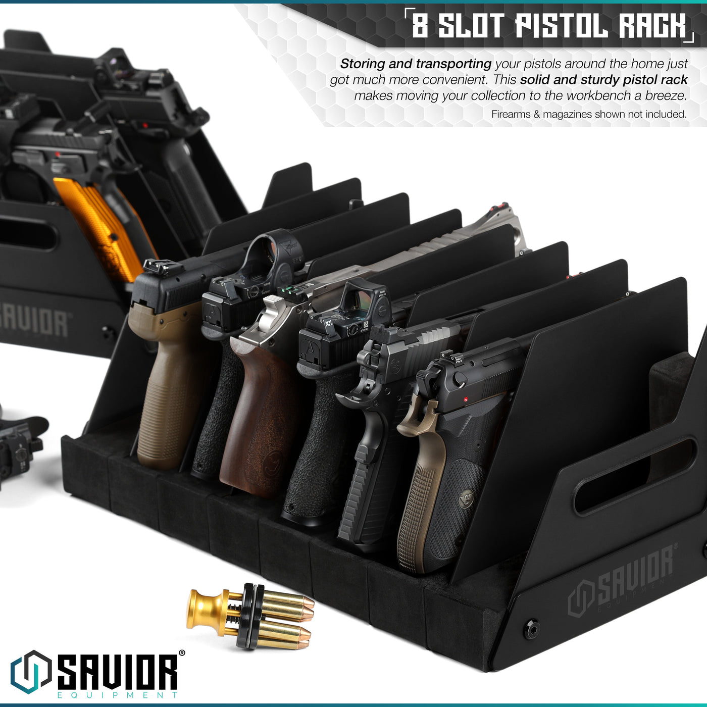 4 / 8 / 12 Slot Pistol Rack - Storing and transporting your pistols around the home just got much more convenient. This solid and sturdy pistol rack makes moving your collection to the workbench a breeze. Firearms & accessories shown not included.