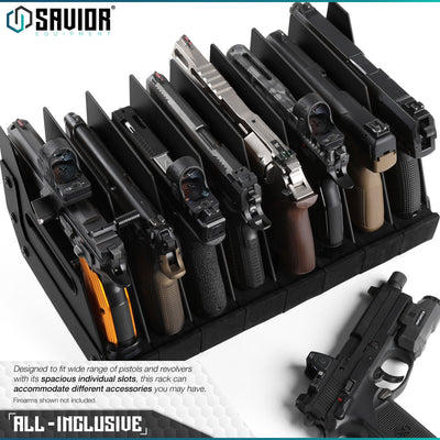 All-Inclusive - Designed to fit a wide range of pistols and revolvers with its spacious individual slots, this rack can accommodate different accessories you may have. Firearms shown not included.