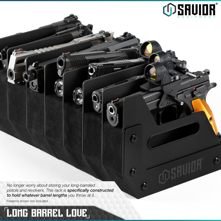 Long Barrel Love - No longer worry about storing your long-barreled pistols and revolvers. This rack is specifically constructed to hold whatever barrel lengths you throw at it. Firearms shown not included.#color_obsidian-black