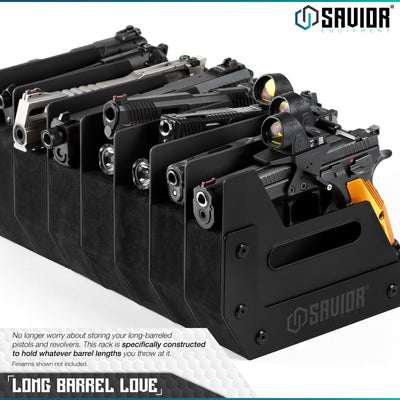 Long Barrel Love - No longer worry about storing your long-barreled pistols and revolvers. This rack is specifically constructed to hold whatever barrel lengths you throw at it. Firearms shown not included.