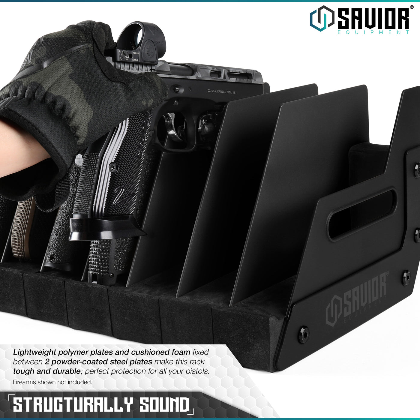 Structurally Sound - Lightweight polymer plates and cushioned foam fixed between 2 powder-coated steel plates make this rack tough and durable; perfect protection for all your pistols. Firearms shown not included.#color_obsidian-black