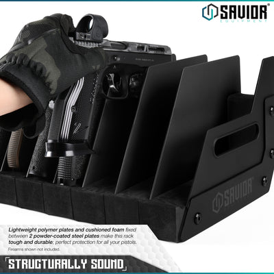 Structurally Sound - Lightweight polymer plates and cushioned foam fixed between 2 powder-coated steel plates make this rack tough and durable; perfect protection for all your pistols. Firearms shown not included.#color_obsidian-black