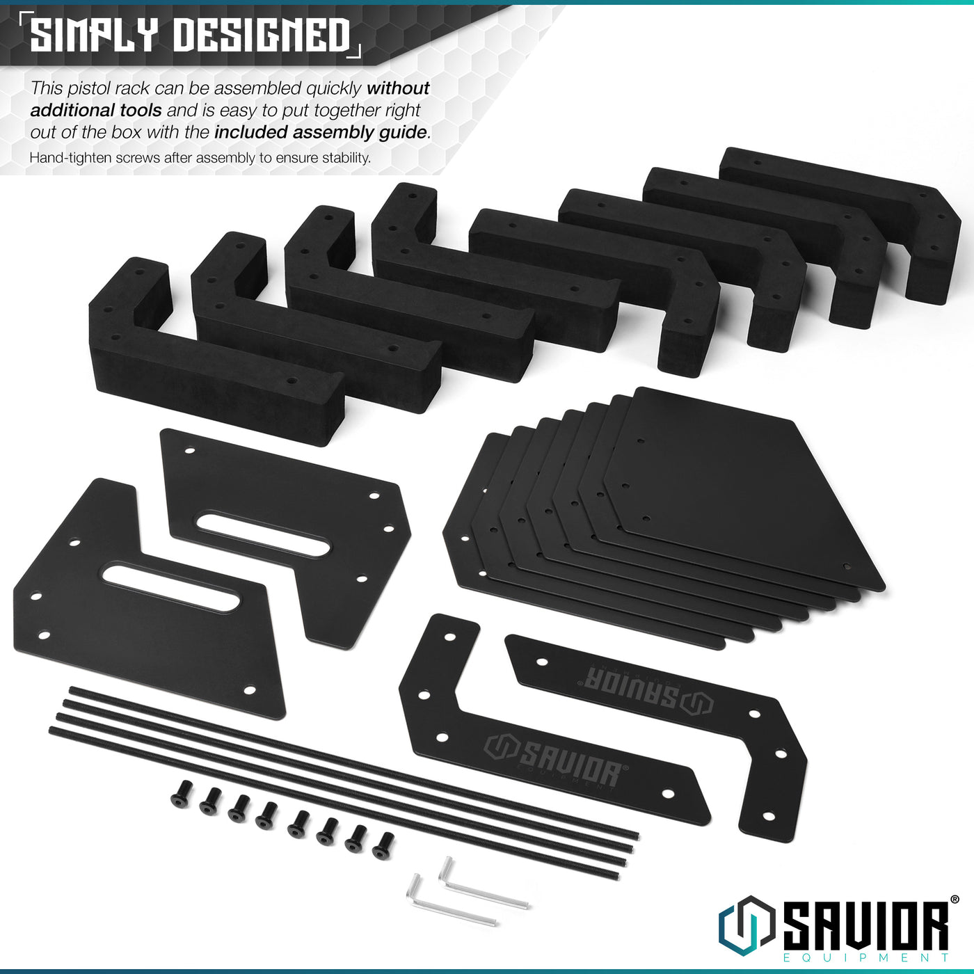 Simply Designed - This pistol rack can be assembled quickly without additional tools and is easy to put together right out of the box with the included assembly guide. Hand-tighten screws after assembly to ensure stability.