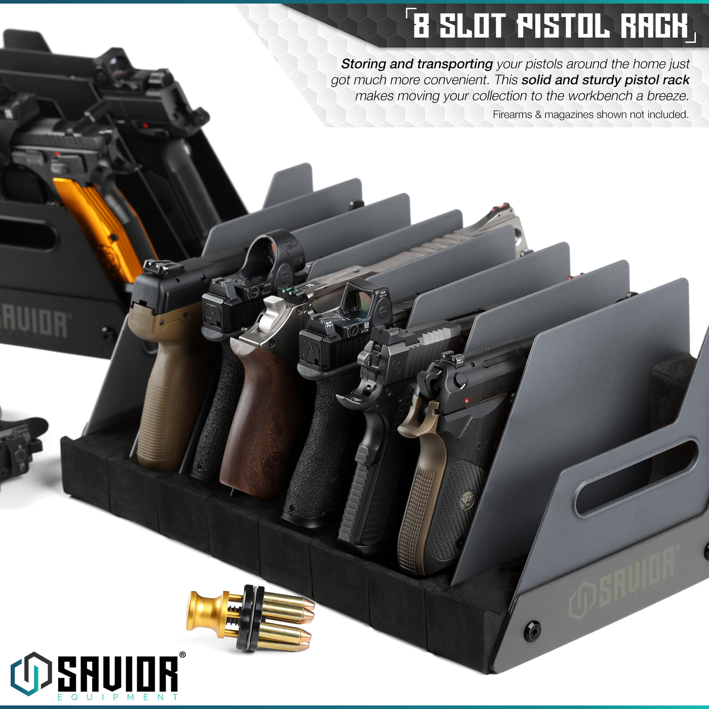 4 / 8 / 12 Slot Pistol Rack - Storing and transporting your pistols around the home just got much more convenient. This solid and sturdy pistol rack makes moving your collection to the workbench a breeze. Firearms & accessories shown not included.