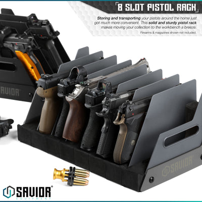 4 / 8 / 12 Slot Pistol Rack - Storing and transporting your pistols around the home just got much more convenient. This solid and sturdy pistol rack makes moving your collection to the workbench a breeze. Firearms & accessories shown not included.#color_sw-gray