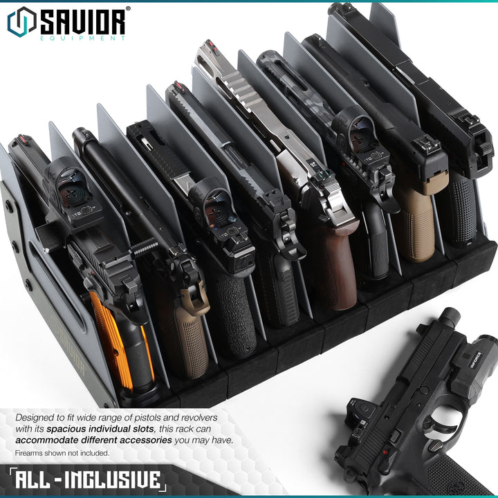 All-Inclusive - Designed to fit a wide range of pistols and revolvers with its spacious individual slots, this rack can accommodate different accessories you may have. Firearms shown not included.#color_sw-gray