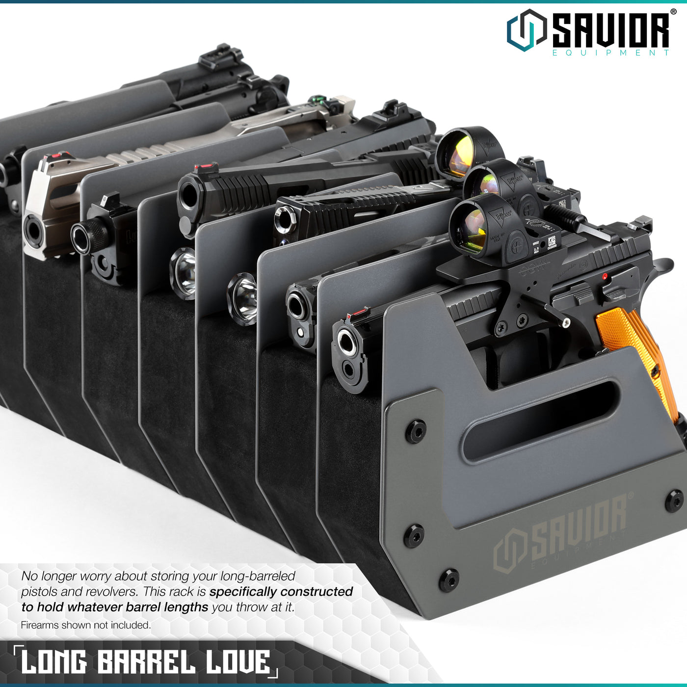 Long Barrel Love - No longer worry about storing your long-barreled pistols and revolvers. This rack is specifically constructed to hold whatever barrel lengths you throw at it. Firearms shown not included.