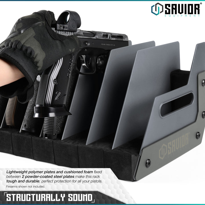Structurally Sound - Lightweight polymer plates and cushioned foam fixed between 2 powder-coated steel plates make this rack tough and durable; perfect protection for all your pistols. Firearms shown not included.#color_sw-gray