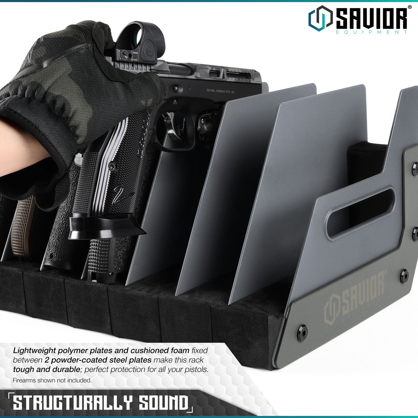 Structurally Sound - Lightweight polymer plates and cushioned foam fixed between 2 powder-coated steel plates make this rack tough and durable; perfect protection for all your pistols. Firearms shown not included.