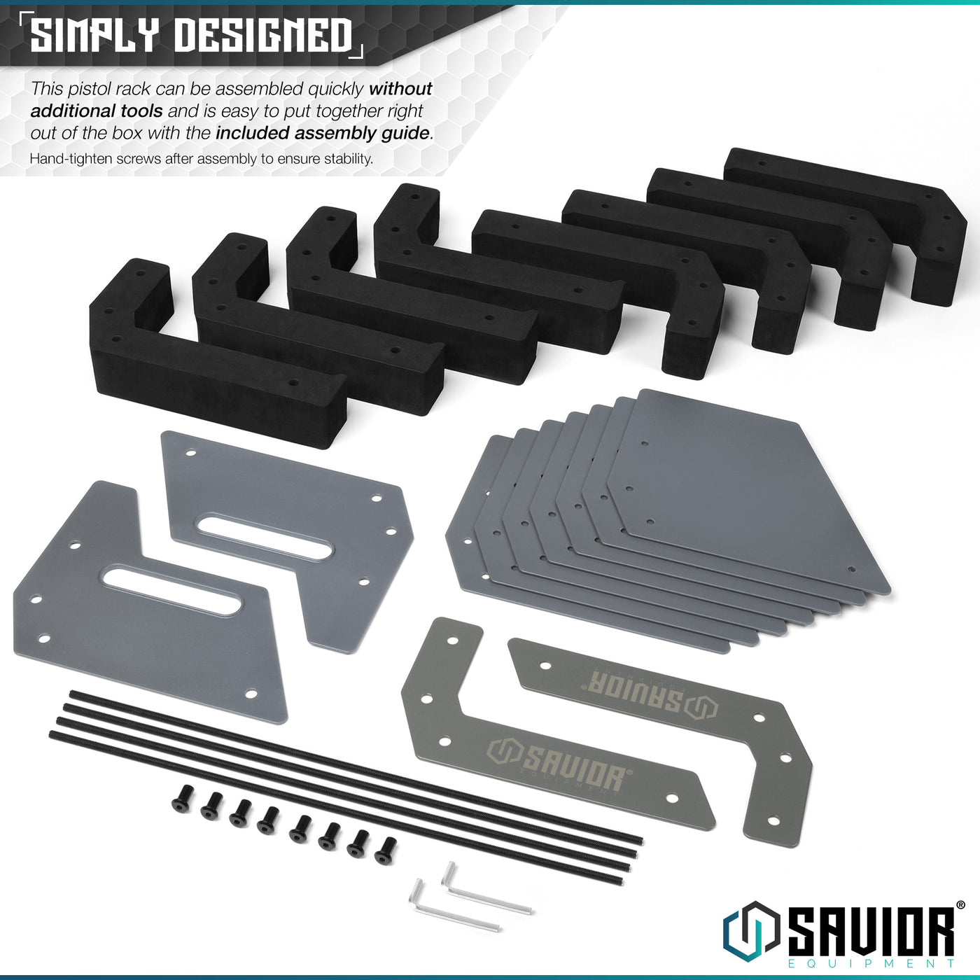 Simply Designed - This pistol rack can be assembled quickly without additional tools and is easy to put together right out of the box with the included assembly guide. Hand-tighten screws after assembly to ensure stability.