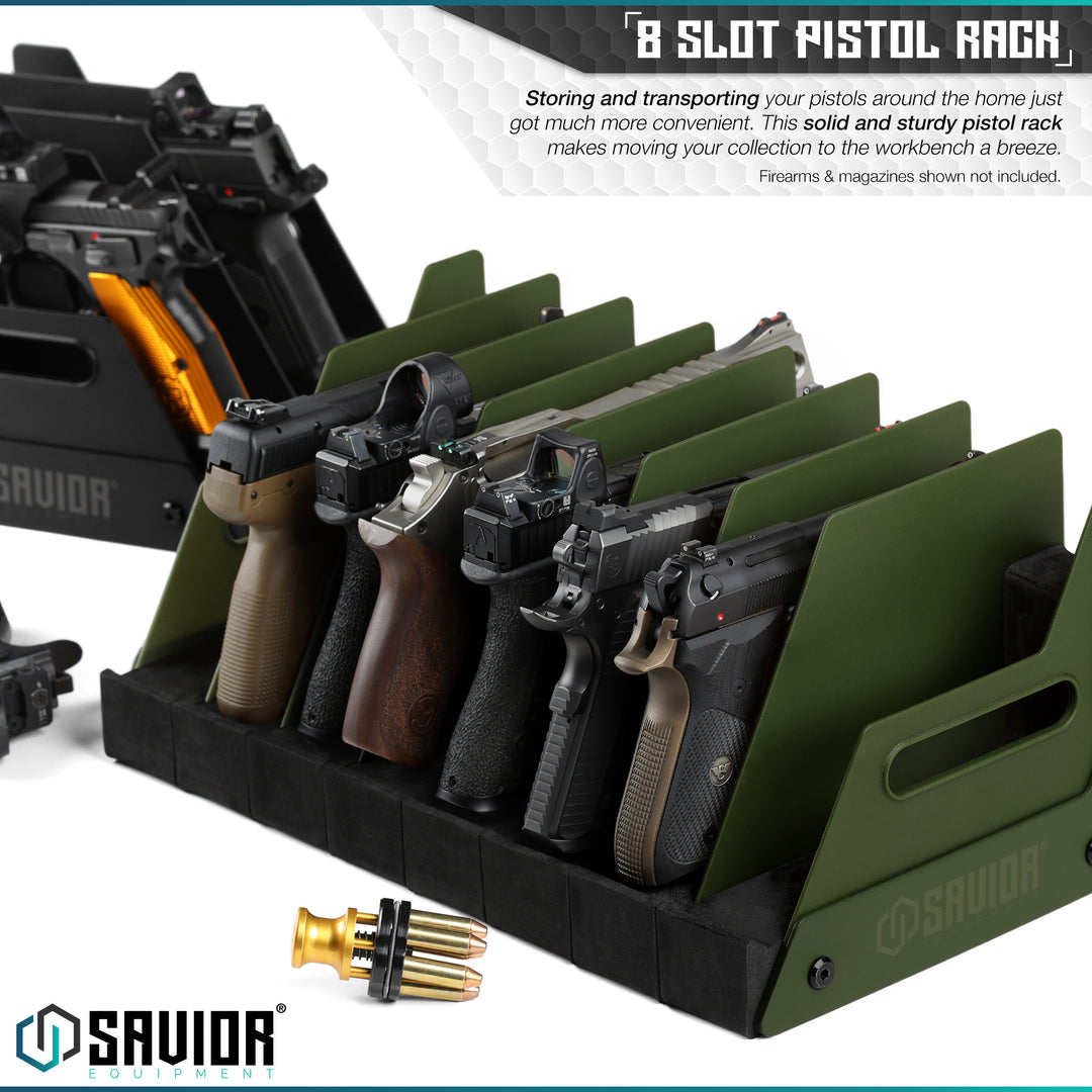 4 / 8 / 12 Slot Pistol Rack - Storing and transporting your pistols around the home just got much more convenient. This solid and sturdy pistol rack makes moving your collection to the workbench a breeze. Firearms & accessories shown not included.#color_od-green
