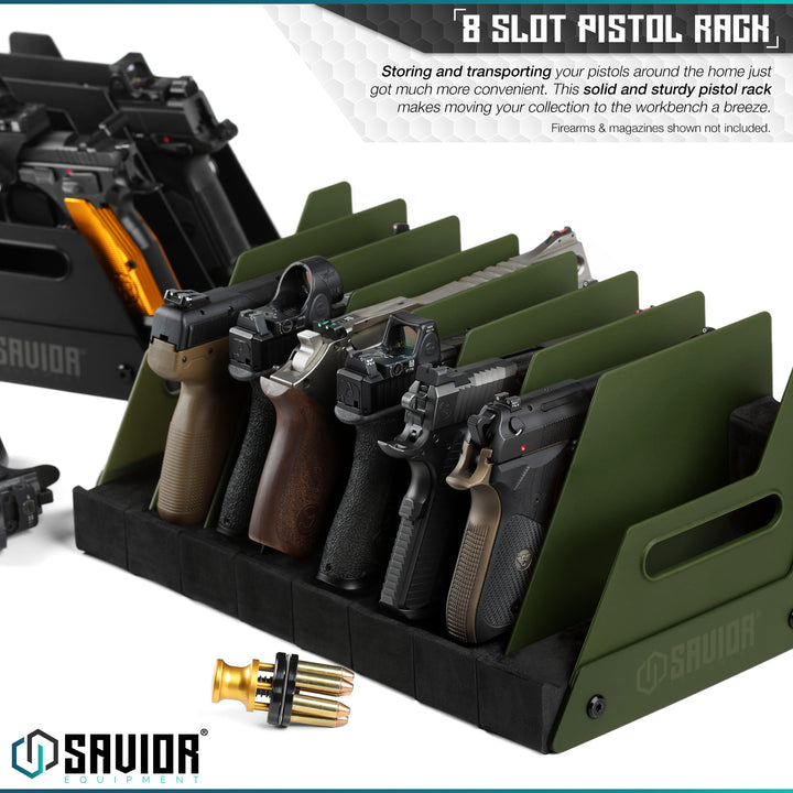 4 / 8 / 12 Slot Pistol Rack - Storing and transporting your pistols around the home just got much more convenient. This solid and sturdy pistol rack makes moving your collection to the workbench a breeze. Firearms & accessories shown not included.#color_od-green