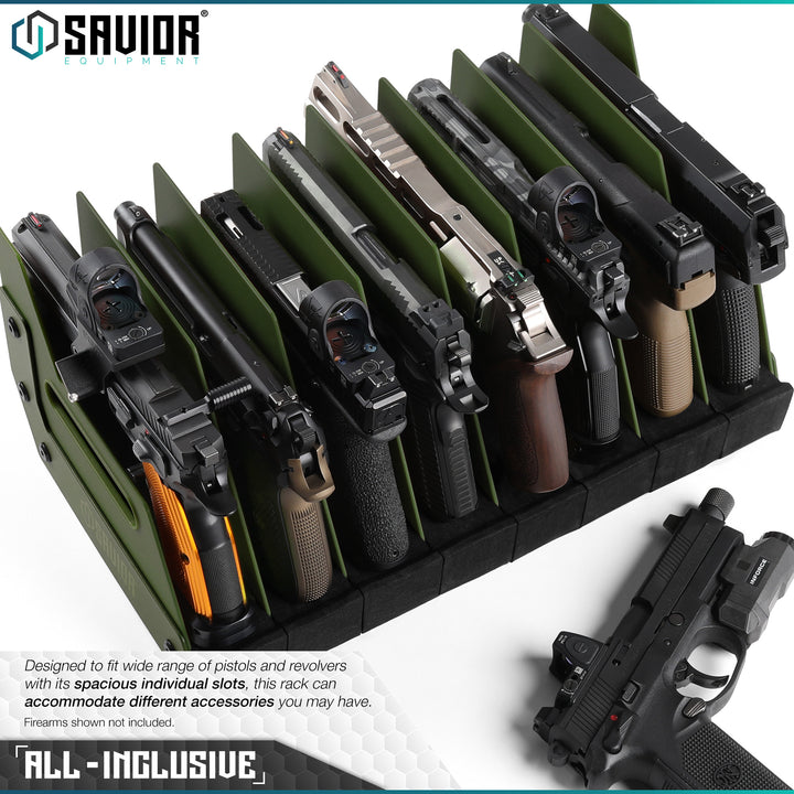All-Inclusive - Designed to fit a wide range of pistols and revolvers with its spacious individual slots, this rack can accommodate different accessories you may have. Firearms shown not included.#color_od-green