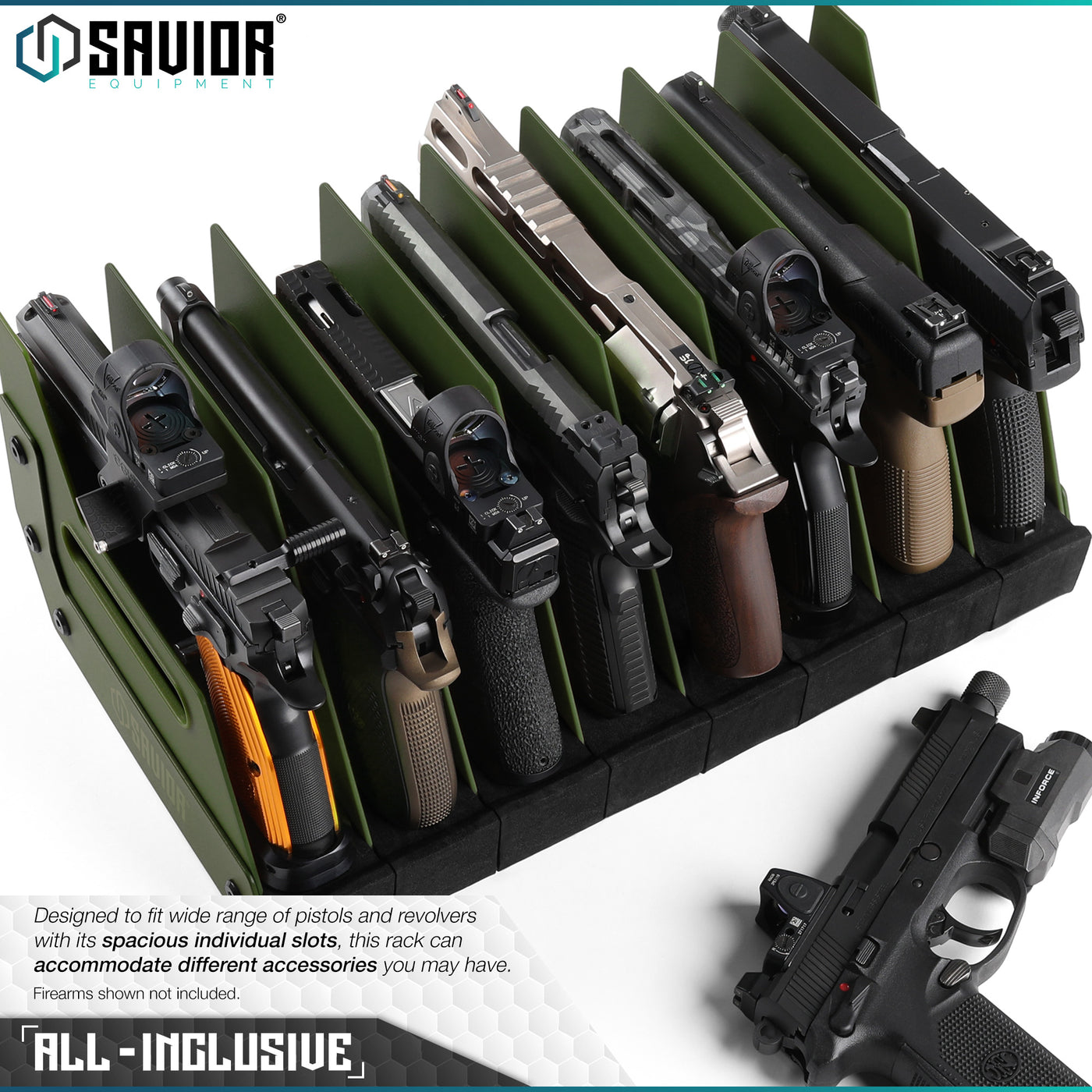 All-Inclusive - Designed to fit a wide range of pistols and revolvers with its spacious individual slots, this rack can accommodate different accessories you may have. Firearms shown not included.