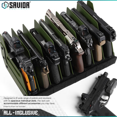 All-Inclusive - Designed to fit a wide range of pistols and revolvers with its spacious individual slots, this rack can accommodate different accessories you may have. Firearms shown not included.#color_od-green