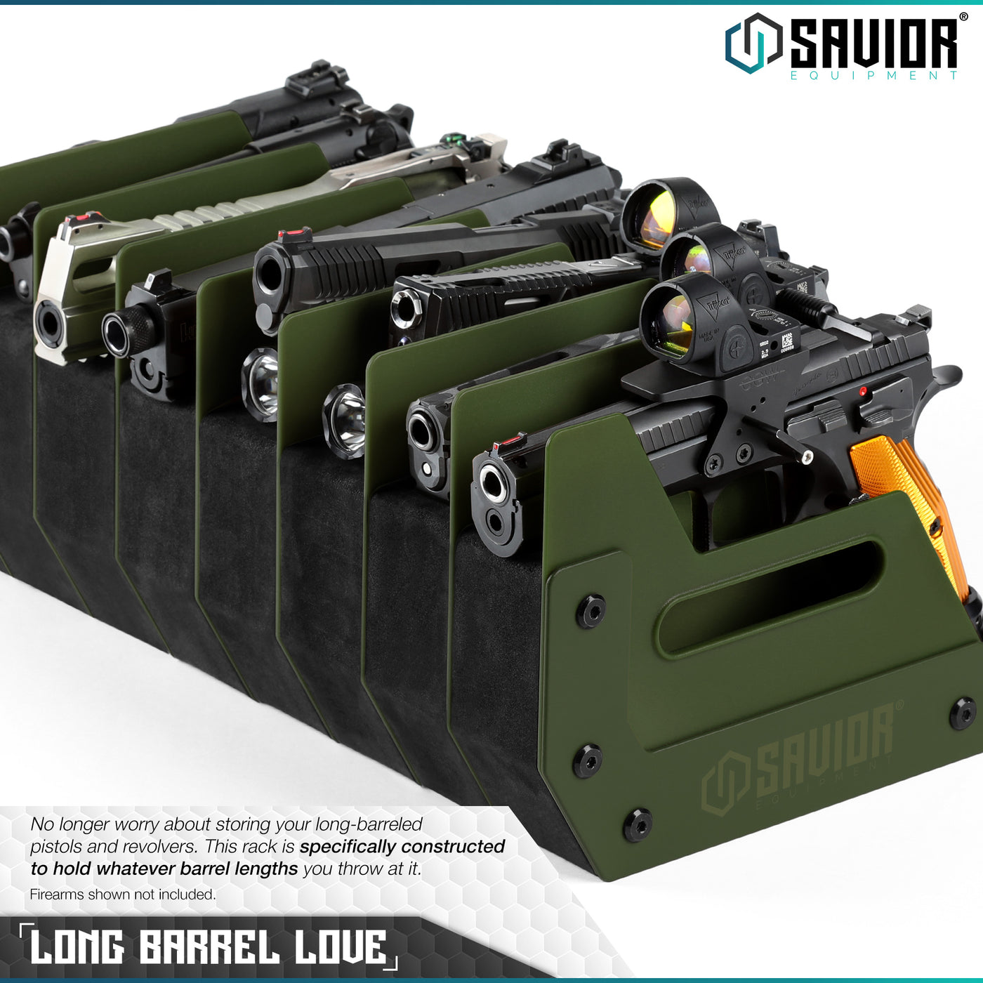 Long Barrel Love - No longer worry about storing your long-barreled pistols and revolvers. This rack is specifically constructed to hold whatever barrel lengths you throw at it. Firearms shown not included.#color_od-green