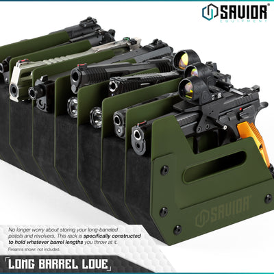 Long Barrel Love - No longer worry about storing your long-barreled pistols and revolvers. This rack is specifically constructed to hold whatever barrel lengths you throw at it. Firearms shown not included.#color_od-green