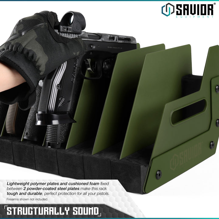 Structurally Sound - Lightweight polymer plates and cushioned foam fixed between 2 powder-coated steel plates make this rack tough and durable; perfect protection for all your pistols. Firearms shown not included.#color_od-green