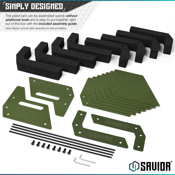 Simply Designed - This pistol rack can be assembled quickly without additional tools and is easy to put together right out of the box with the included assembly guide. Hand-tighten screws after assembly to ensure stability.#color_od-green
