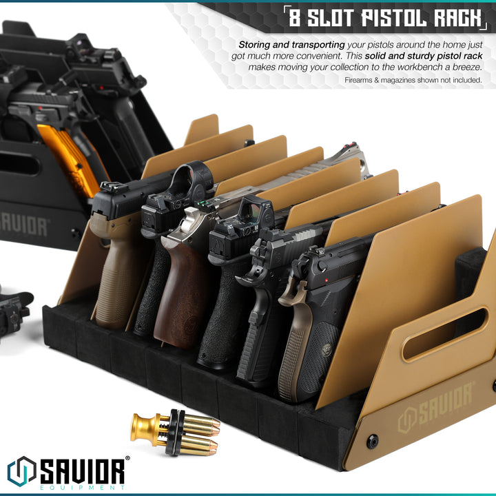 4 / 8 / 12 Slot Pistol Rack - Storing and transporting your pistols around the home just got much more convenient. This solid and sturdy pistol rack makes moving your collection to the workbench a breeze. Firearms & accessories shown not included.#color_ral-8000-tan