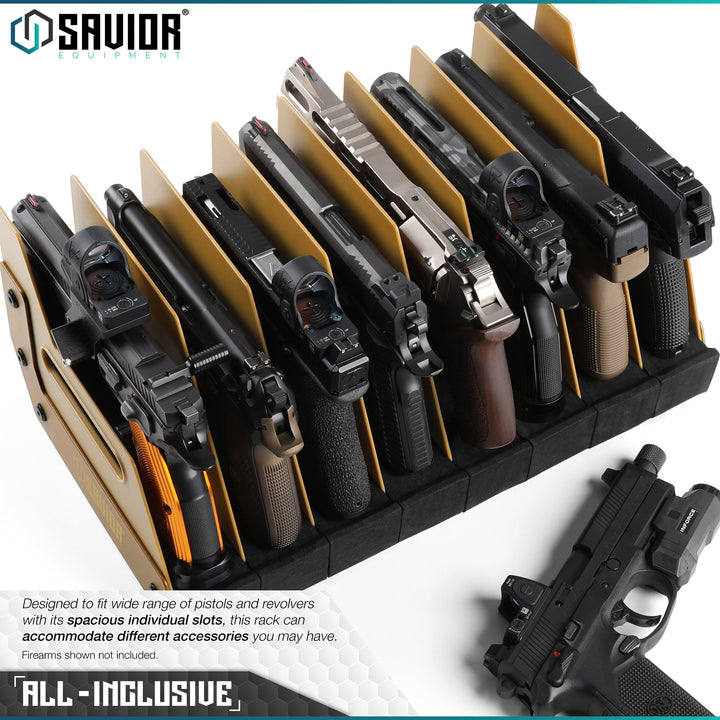 All-Inclusive - Designed to fit a wide range of pistols and revolvers with its spacious individual slots, this rack can accommodate different accessories you may have. Firearms shown not included.#color_ral-8000-tan