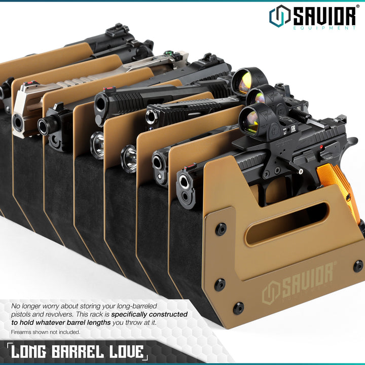 Long Barrel Love - No longer worry about storing your long-barreled pistols and revolvers. This rack is specifically constructed to hold whatever barrel lengths you throw at it. Firearms shown not included.#color_ral-8000-tan