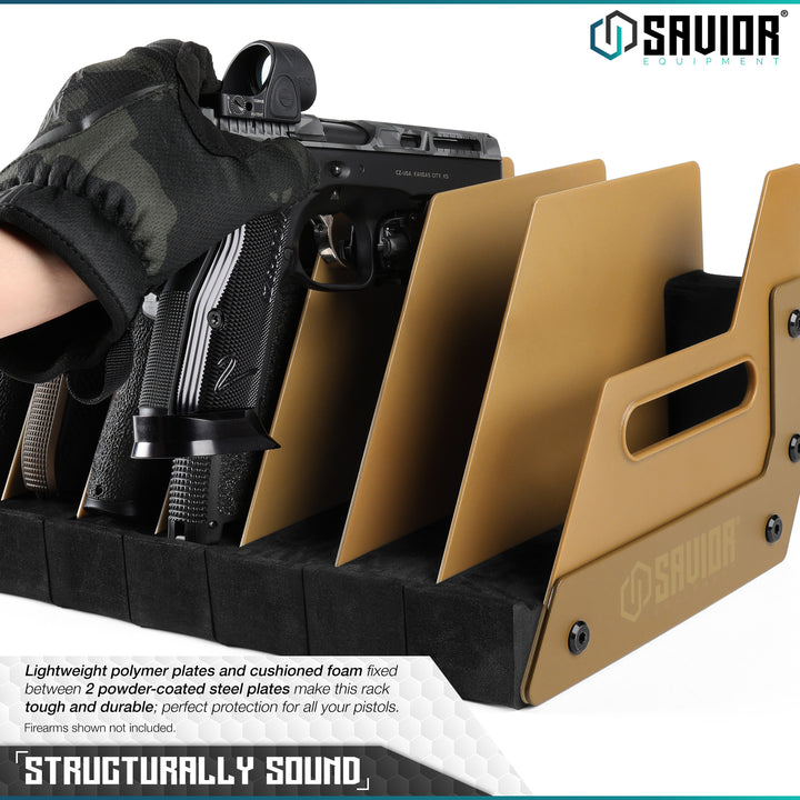 Structurally Sound - Lightweight polymer plates and cushioned foam fixed between 2 powder-coated steel plates make this rack tough and durable; perfect protection for all your pistols. Firearms shown not included.#color_ral-8000-tan