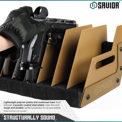 Structurally Sound - Lightweight polymer plates and cushioned foam fixed between 2 powder-coated steel plates make this rack tough and durable; perfect protection for all your pistols. Firearms shown not included.