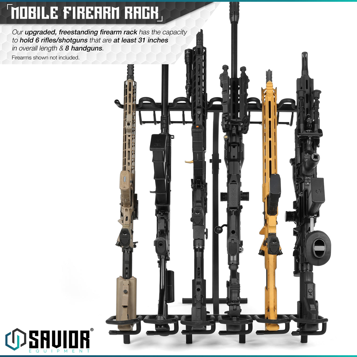 Mobile Firearm Rack - Our upgraded, freestanding firearm rack has the capacity to hold 6 rifles/shotguns that are at least 31 inches in overall length & 8 handguns. Firearms shown not included.