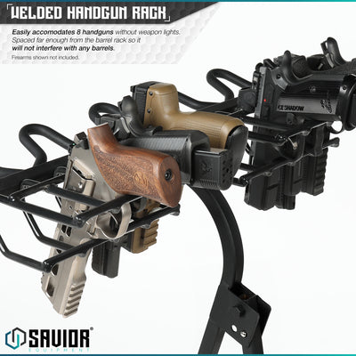 Welded Handgun Rack - Easily accommodates 8 handguns without weapon lights. Spaced far enough from the barrel rack so it will not interfere with any barrels. Firearms shown not included.