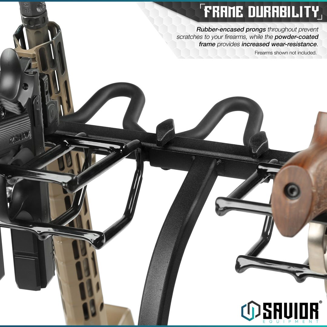 Frame Durability - Rubber-encased prongs throughout prevent scratches to your firearms, while the powder-coated frame provides increased wear-resistance. Firearms shown not included.#color_obsidian-black