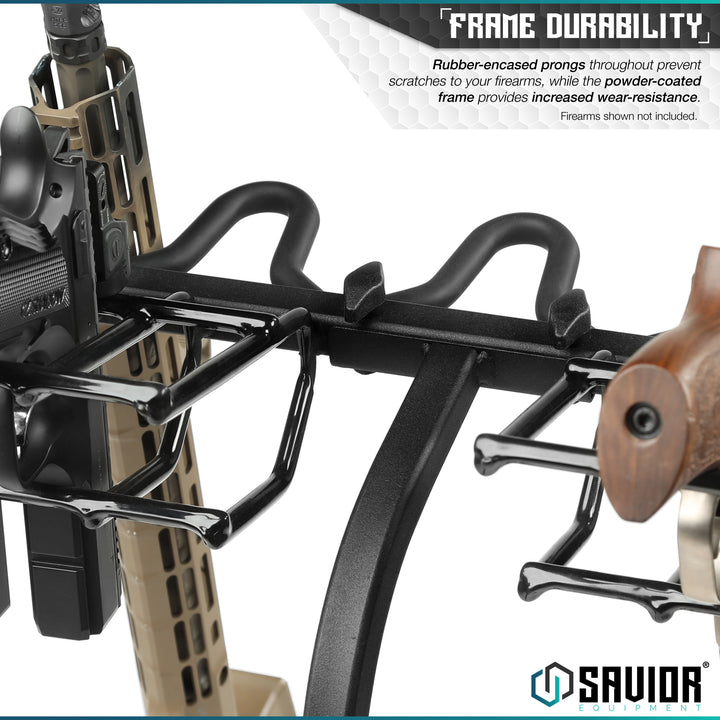 Frame Durability - Rubber-encased prongs throughout prevent scratches to your firearms, while the powder-coated frame provides increased wear-resistance. Firearms shown not included.#color_obsidian-black