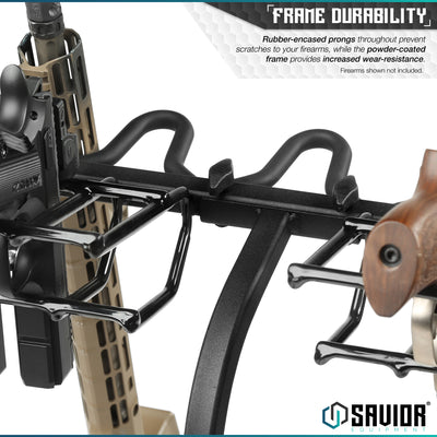 Frame Durability - Rubber-encased prongs throughout prevent scratches to your firearms, while the powder-coated frame provides increased wear-resistance. Firearms shown not included.