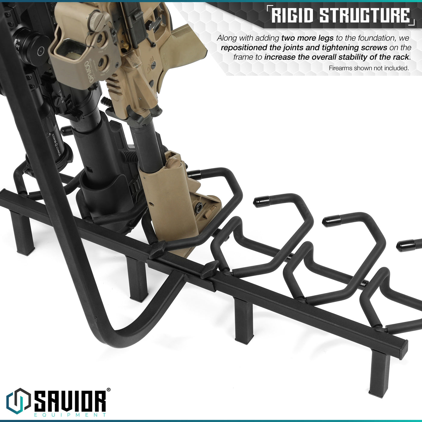 Rigid Structure - Design Along with adding two more legs to the foundation, we repositioned the joints and tightening screws on the frame to increase the overall stability of the rack. Firearms shown not included.