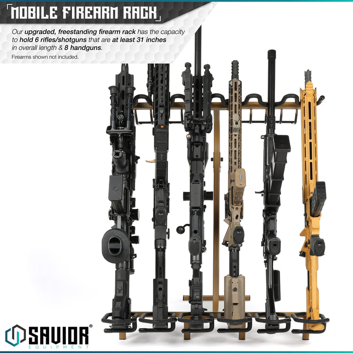 Mobile Firearm Rack - Our upgraded, freestanding firearm rack has the capacity to hold 6 rifles/shotguns that are at least 31 inches in overall length & 8 handguns. Firearms shown not included.#color_ral-8000-tan