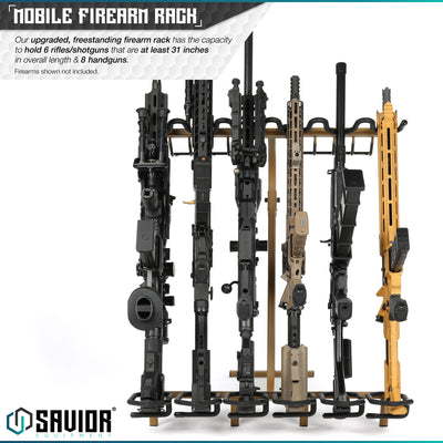 Mobile Firearm Rack - Our upgraded, freestanding firearm rack has the capacity to hold 6 rifles/shotguns that are at least 31 inches in overall length & 8 handguns. Firearms shown not included.